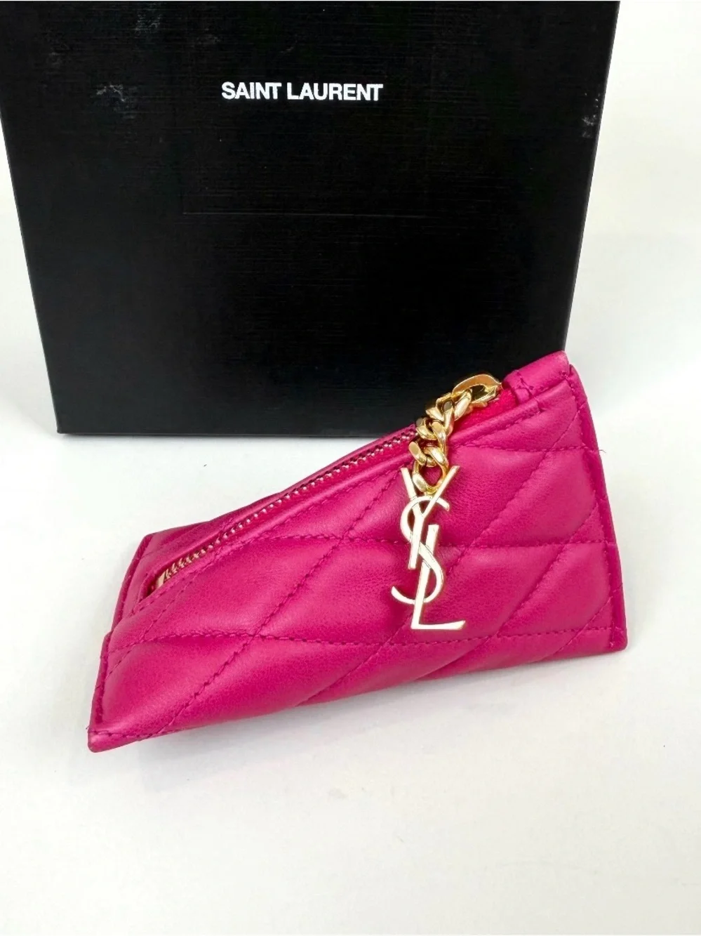 Saint Laurent Quilted Coin Pouch or Bag Charm in Hot Pink with Gold Hardware